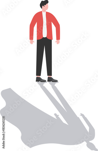 Workforce concept. Illustration of businessman standing in front of his own muscle shadow showing his super inner strength

