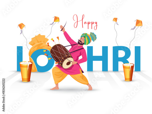 Happy Lohri Indian Punjabi festival celebration vector design with male punjabi character dancing with dhol.