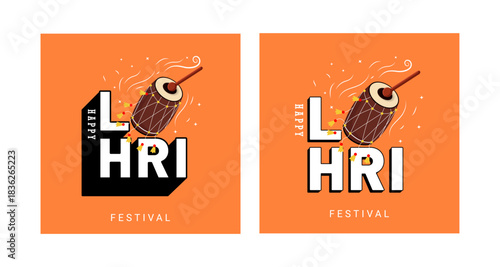 Happy Lohri set of two social media post design with typography vector design concept and dhol for punjabi festival celebration.