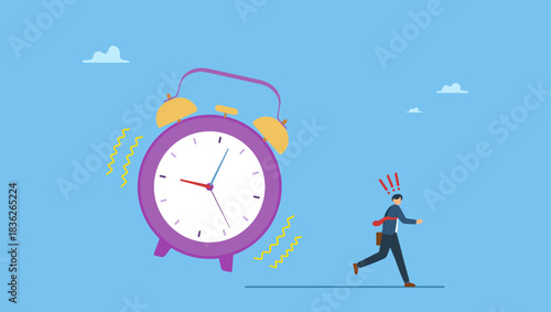 Frustrated businessman hurry running to work late. Late, hurry to go to work, rushing or running fast before deadline, speed or busy job, pressure or challenge to finish work in time, urgency.