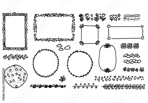 Aesthetic collection of hand-drawn doodle frames, floral wreaths, and minimalist borders. This cute vector set is perfect for rustic invites, scrapbooking, branding, and modern designs.