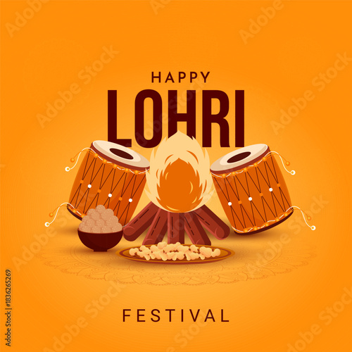 Happy Lohri social media post design with Bonfire, sweets, dhol and peanuts vector illustration.
