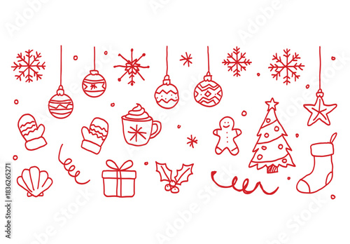 Festive Christmas doodle collection. Cute, hand-drawn red line art icons for the holiday season. Minimalist and modern vector elements for winter celebration.