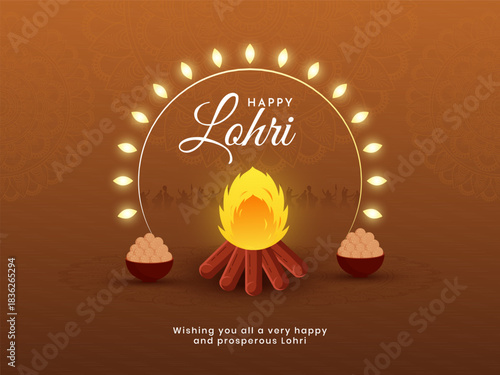 Happy Lohri social media post design with Bonfire and sweets vector illustration.