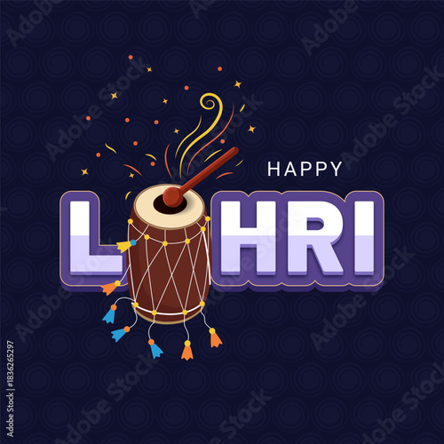 Happy Lohri social media post design with creative lohri typography text and dhol vector illustration.