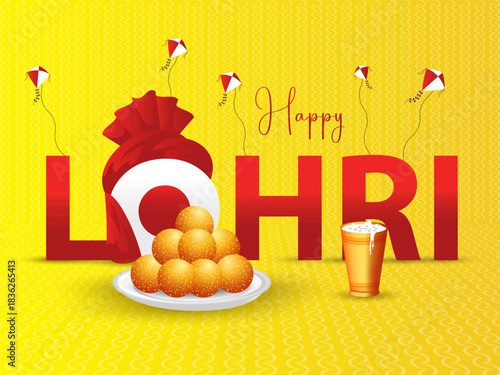 Happy Lohri Indian Punjabi festival celebration design with sweets, kites and lassi glass vector illustration.