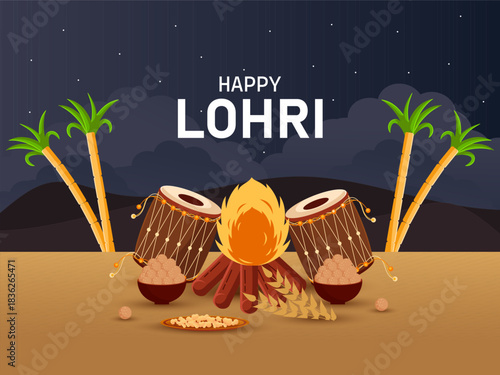 Happy Lohri social media post design with Bonfire, sweets, dhol, sugarcane  and peanuts vector illustration.