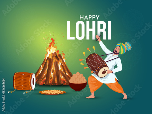 Happy Lohri social media post design with Bonfire, sweets, dhol, peanuts and male character vector illustration.