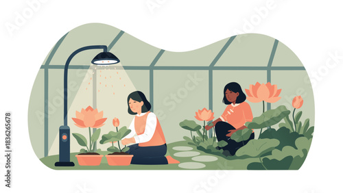 Harmonious Nigerian mama pressing smart adire lantern with biracia in vector style. Features indigo and coral palette. cultural projects, website backgrounds, presentation templates, branding ...