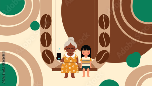 Cozy Chilean abuela using smart chimenea controlling fire wi in vector style. Features ember and wine palette. tech education, digital literacy programs, diversity campaigns, cultural heritage...