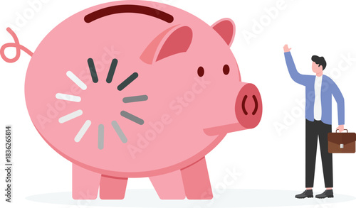 The image combines the traditional symbol of saving money (the piggy bank) with a loading or processing icon, suggesting that savings are in progress or that funds are being managed or invested over t