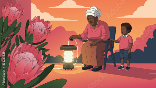 Vector illustration with vector aesthetic. Icelandic amma using smart northern lights lamp with bi. aurora-glacier color scheme. Perfect for website backgrounds, presentation templates, brandi...