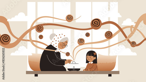 Vector illustration with vector aesthetic. Ethiopian yeayay using smart coffee jebena with biracia. coffee-ethiopian color scheme. Perfect for website backgrounds, presentation templates, bran...