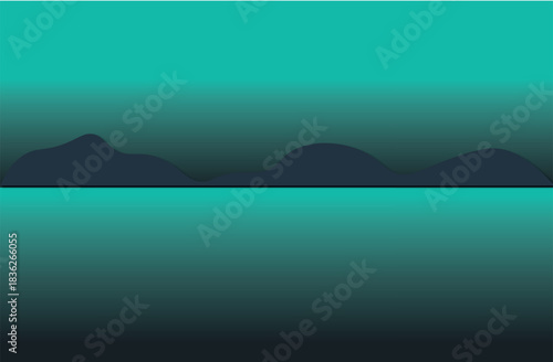 3D illustration of mountain and river view with dim lights in fantasy style. Vector background illustration.