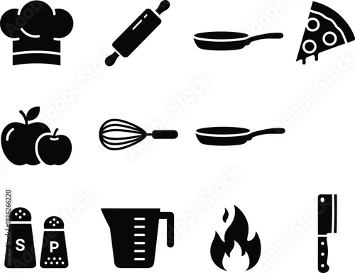 Set of culinary and kitchen utensil vector solid icons, featuring chef hat, rolling pin, frying pan, whisk, pizza slice, and measuring cup, essential for cooking and recipe design interfaces