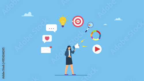 Businesswoman speak on megaphone with marketing elements. Marketing strategy, communication for online website, social media or market research, advertising, seo optimization or marketing campaign.