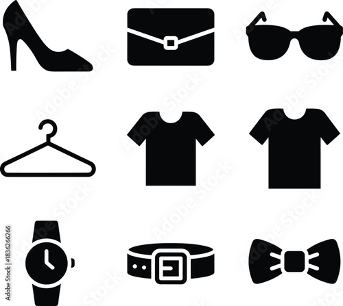Set of essential fashion and apparel vector solid icons, featuring high heels, handbag, sunglasses, t-shirt, watch, belt, and bow tie, perfect for retail and style application interfaces