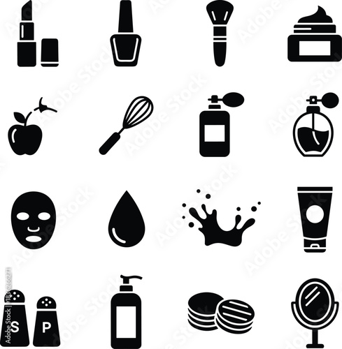 Set of cosmetic, beauty, and skincare vector solid icons, featuring lipstick, nail polish, perfume bottle, facial mask, cream, and mirror, essential for makeup and wellness application interfaces