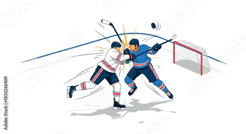 Intense ice hockey action with players battling for puck near goal net - perfect for sports posters