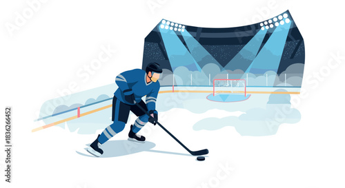 Ice hockey player in action on rink during intense game with stadium lights