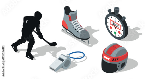 Ice hockey essentials illustration with player silhouette and equipment for sports design