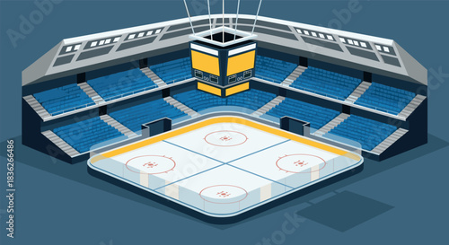 Modern ice hockey arena with seats and scoreboard for sports events and entertainment
