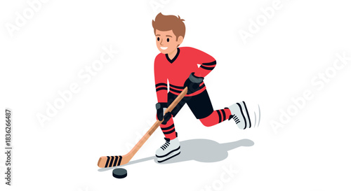 Young hockey player in red jersey skating with hockey stick on ice
