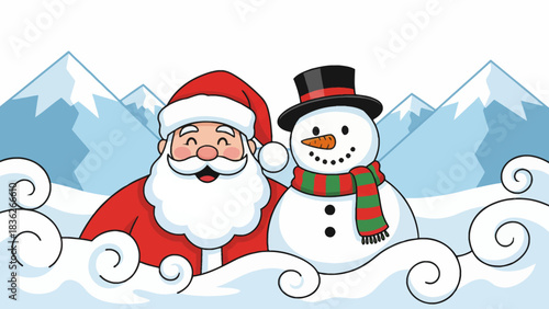 Santa and a smiling snowman stand together in a bright alpine valley surrounded by snowy mountains and cozy wooden cabins celebrating a perfect Christmas scene