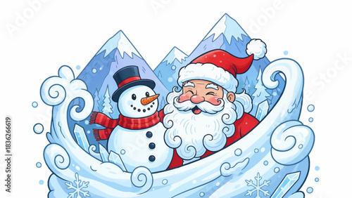 Santa and a smiling snowman stand together in a bright alpine valley surrounded by snowy mountains and cozy wooden cabins celebrating a perfect Christmas scene