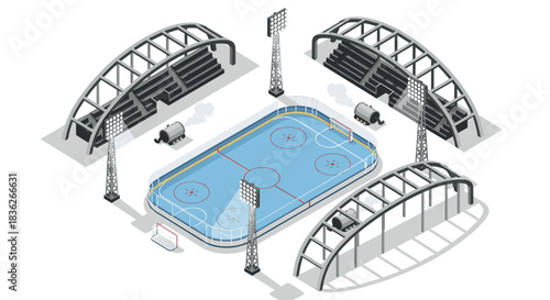 Isometric ice hockey arena with stadium seating and floodlights for sports event design