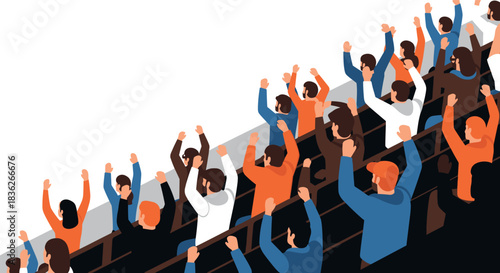 Enthusiastic crowd cheering at a stadium event in colorful attire
