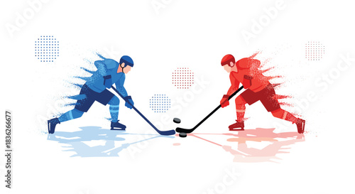 Dynamic ice hockey duel with blue and red players in action illustration