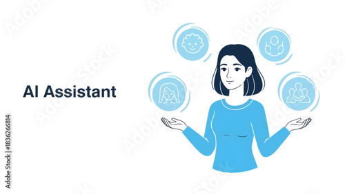 Woman Juggling Family and Tasks Icons, Concept of AI Assistant, Smart Home or Virtual Helper
