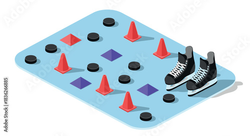 Ice skating training course with cones and pucks on frozen surface