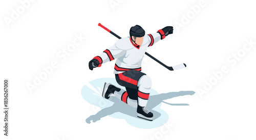 Ice hockey player in action celebrating victory on the rink in dynamic minimalist style for sports design and decor