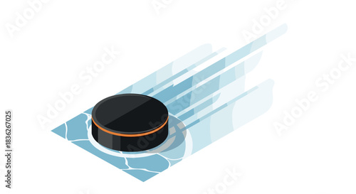 Isometric illustration of a hockey puck on ice rink surface for sports design