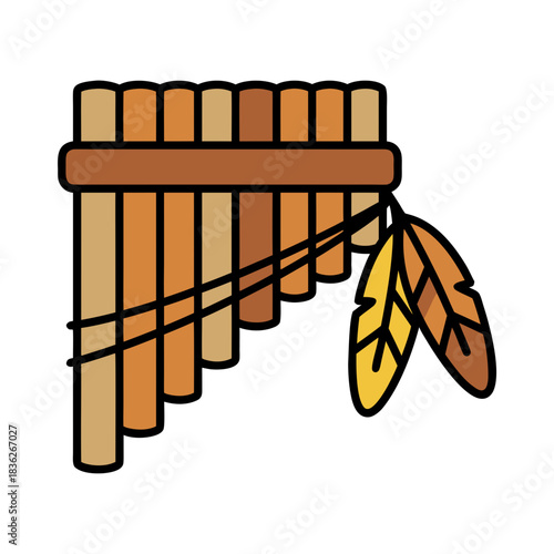 Traditional Wooden Pan Flute Musical Instrument with Feather Ornaments Vector Illustration Minimalist Flat Design on Black Background