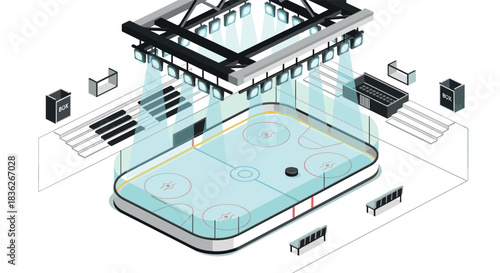 Isometric ice hockey rink with lighting and seating arrangement for sports event design
