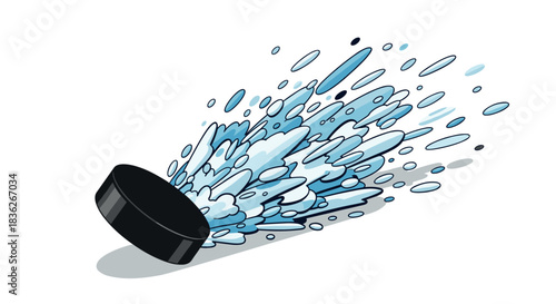 Dynamic ice hockey puck with blue splash for sports design and illustration