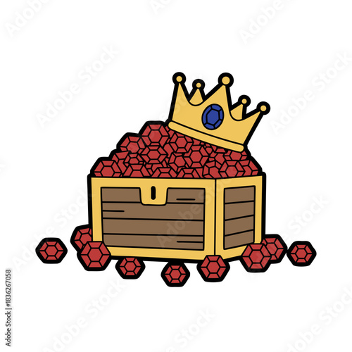 Treasure chest overflowing with red gemstones crowned with a royal gold crown adorned with a blue jewel against a black background illustration