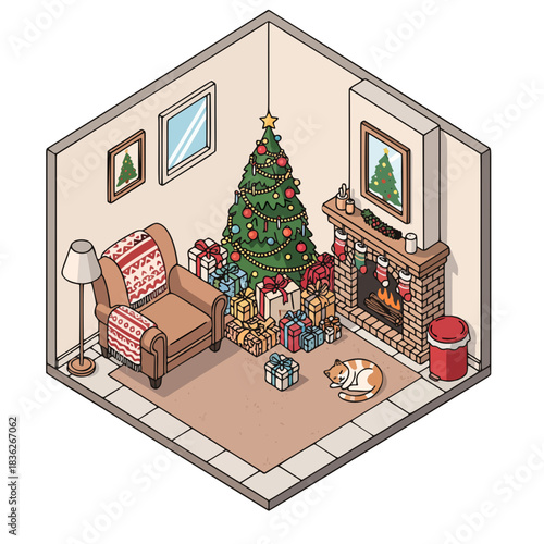 Illustrative isometric Christmas living room: decorated tree, stacked gifts, burning fireplace, comfy armchair, and a sleeping cat, evoking festive holiday cheer.