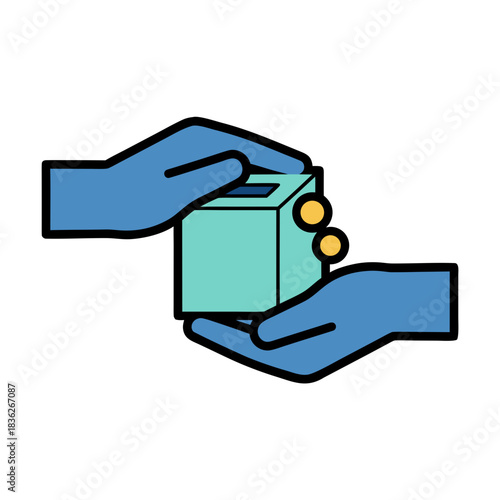 Two Blue Hands Offer Mint Green Donation Box With Two Gold Coins Falling Into It Against Black Background Minimalist Flat Vector Art Style