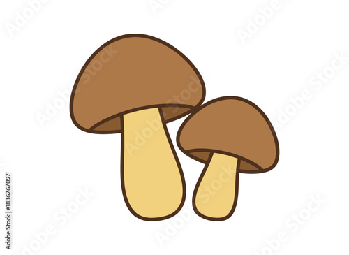 Two Brown Mushroom Caps with Creamy Stems Isolated on Black Background Simple Flat Vector Illustration