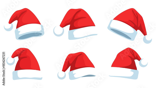 Collection of Red Santa Claus Hats on White Background