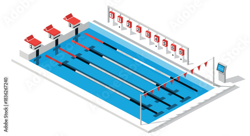 Isometric illustration of swimming pool with lanes and starting blocks for competitive sports design