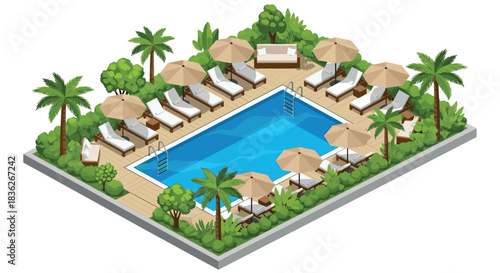 Isometric poolside oasis with lounge chairs and umbrellas for relaxation and design
