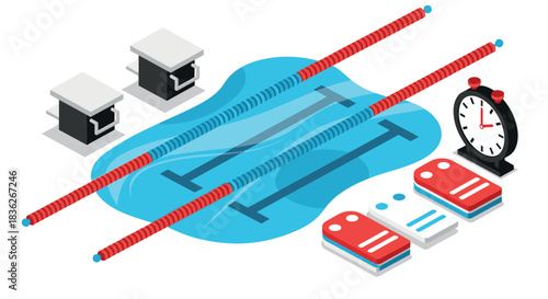 Swimming pool training concept with lanes and stopwatch for athletic design or fitness poster