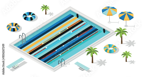 Isometric swimming pool scene with umbrellas and palm trees for summer design