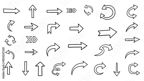Hand-drawn arrow doodle set with various sketched pointers, directional symbols, and navigation icons on a white background