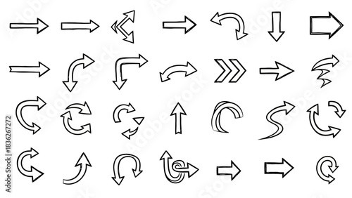 A diverse collection of hand-drawn doodle arrows, illustrating various concepts of direction, navigation, and flow in a sketchy style
